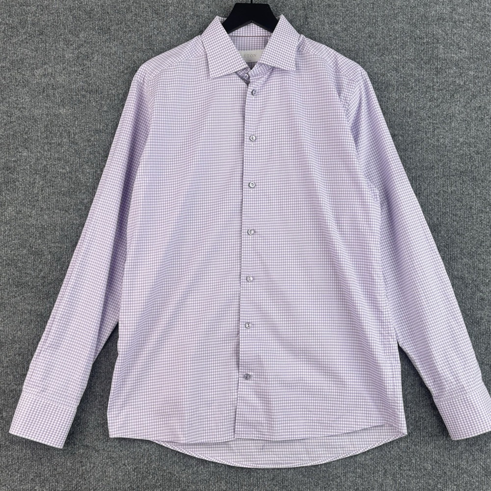 Eton Button Up Dress Shirt Mens 16 41 Purple Gingham Check Slim Fit Long Sleeve